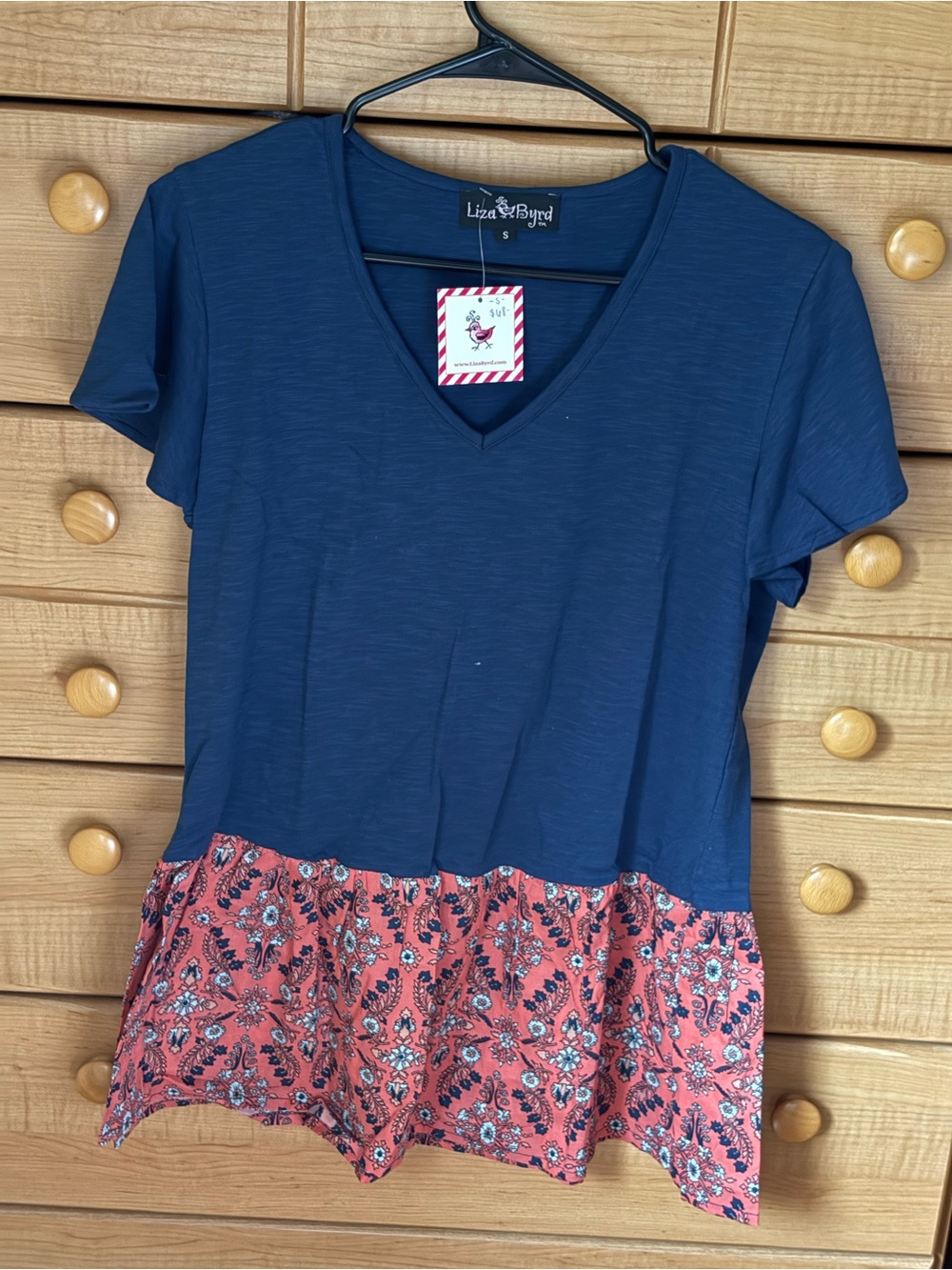 Liza Byrd Navy V-Neck Top with Coral Floral Peplum